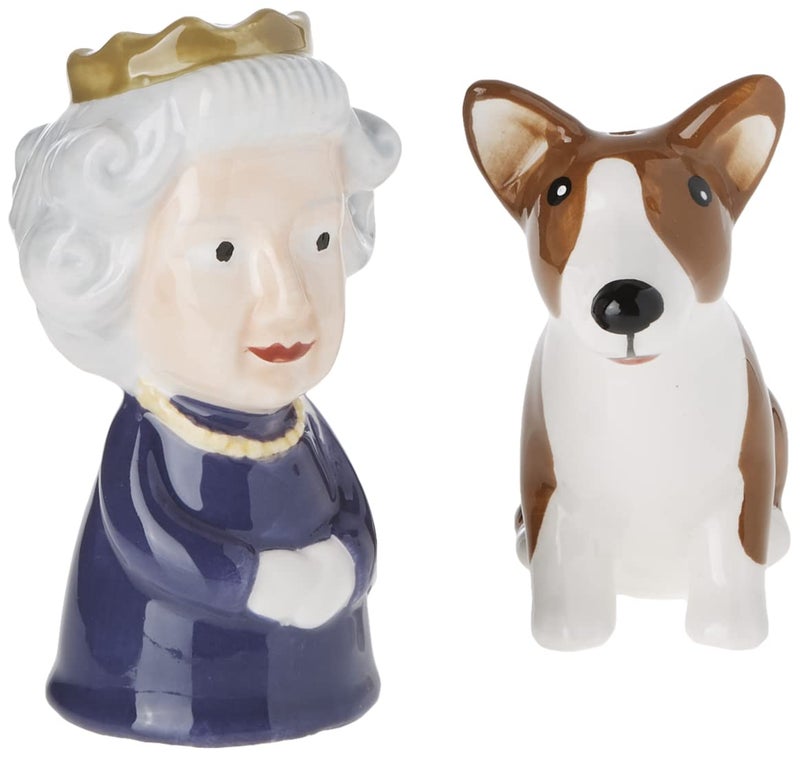 Abbott Collection 27-KITSCH-303 Queen and Corgi Salt and Pepper Shaker Set, Purple/Brown, 3.5" H - Image 1